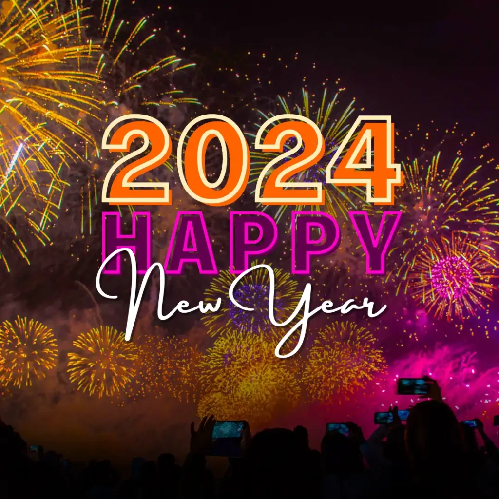 Happy New Year 2024 with various colors of fireworks